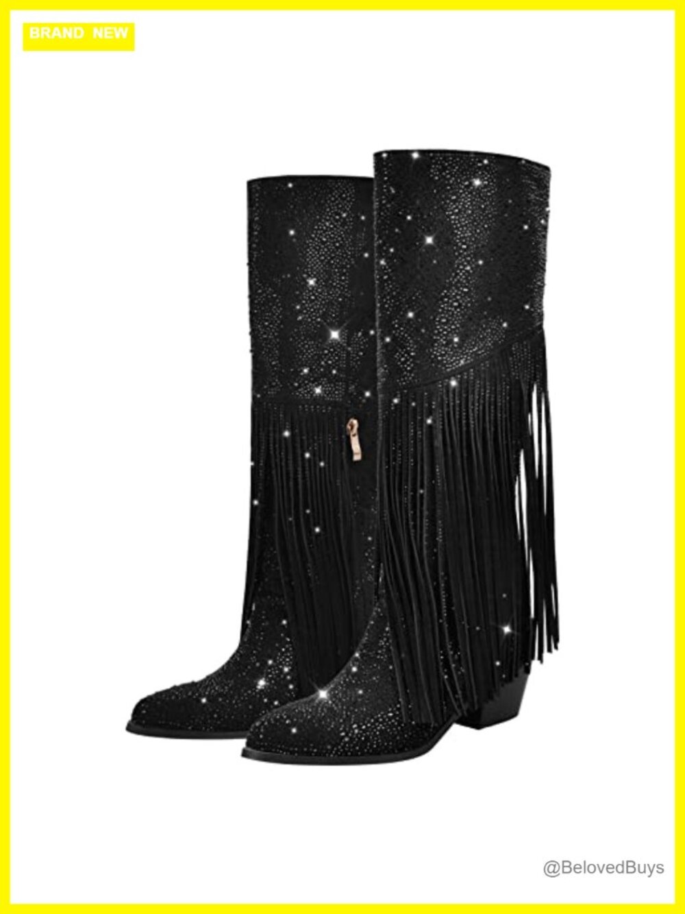 Rhinestone Tassel Knee High Boots Pointed Toe Block Heel Pull On